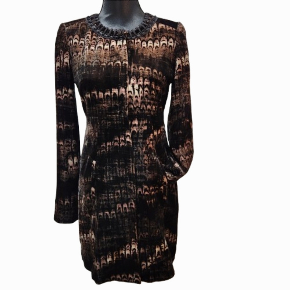 Elie Tahari VTG 90s Geometric Pattern Velvet Velour Snap-front Dress (XS)